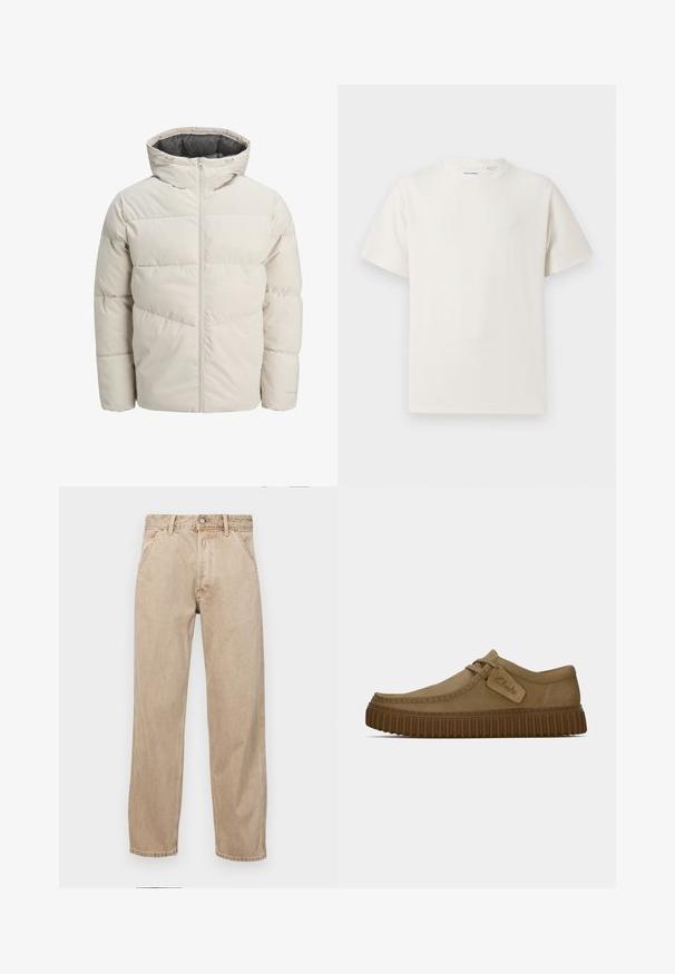 Zateplená bunda ve světle béžové barvě s vysokým límcem a zipovým uzávěrem. Obsahuje prošívaný design a elastické manžety. Lehce svršek.; Bílý krátký rukáv tričko s pružnou strukturou. Kulatý výstřih, volný střih, bez viditelných vzorů nebo detailů. Jednoduchý a univerzální design.; Béžové džíny z denimu se středně širokým střihem, vybavené předními kapsami, kovovým zapínáním na knoflík a jemnou texturou.; Světle hnědé suede boty s kulatou špičkou, prošívanými detaily a ribbovanou hnědou gumovou podrážkou. Disponují bočním štítkem s logem "Clarks".