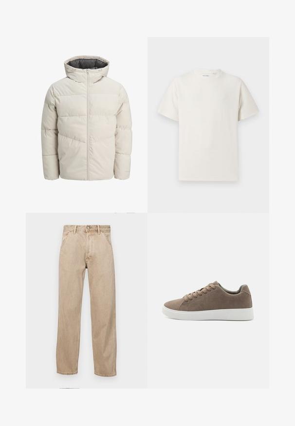 Padded jacket in light beige color with a high collar and zip closure. Features a quilted design and elastic cuffs. Lightweight fabric.; Biała krótka koszulka z krótkim rękawem o żebrowanej fakturze. Okrągły dekolt, luźny krój, brak widocznych wzorów lub akcentów. Prosty i uniwersalny design.; Beżowe dżinsy o prostym kroju, z przednimi kieszeniami, metalowym zapięciem na guzik i delikatną teksturą.; Brązowe zamszowe tenisówki z płaskimi białymi gumowymi podeszwami, sznurowanym zapięciem, okrągłym noskiem i gładką teksturą. Minimalistyczny styl z subtelnymi detalami w szwach.