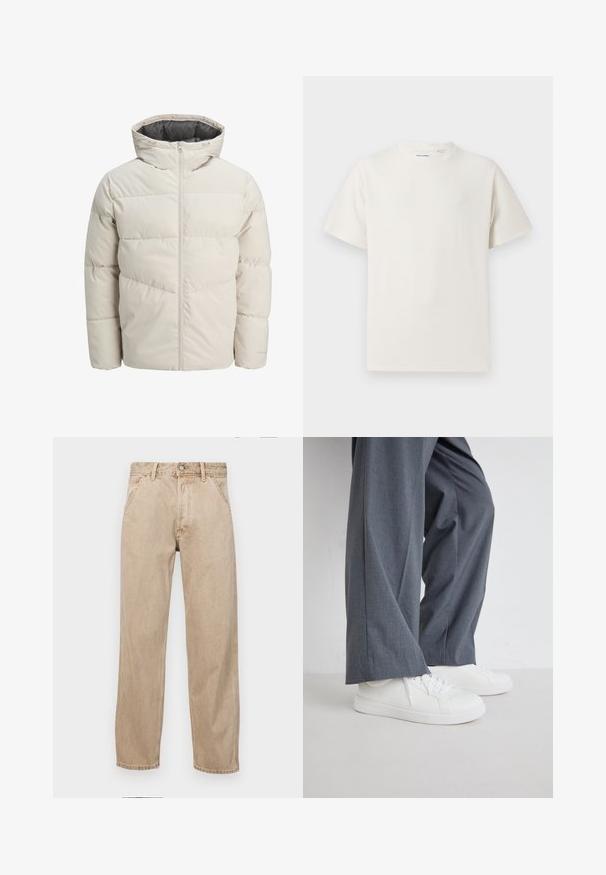 Valgebež väike paks jope kõrge kraega ja lukuga. Omab tikandit ja elastseid mansette. Kerge kangas.; Valge lühikeste varrukatega T-särk ribakudumises. Ümar kaelus, mugav lõige, nähtavad mustrid ega aksessuaarid puuduvad. Lihtne ja mitmekesine disain.; Bežidemini teksased sirgjoonise kujundusega, front pocket'itega, metallist nööbi kinnitusega ja peene tekstuuriga.; Hallide laiad püksid, mis on kombineeritud valgete tekstureeritud spordijalatsitega. Spordijalatsitel on sile tald ja paeltega kinnitamine.