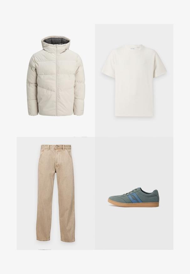 Párnázott dzseki világos bézs színben, magas gallérral és cipzáras záródással. Steppelt dizájn és rugalmas mandzsetta jellemzi. Könnyű anyag.; Fehér, rövid ujjú póló bordázott textúrával. Kerek nyakkivágás, laza szabás, nincs látható minta vagy díszítés. Egyszerű és sokoldalú dizájn.; Beige színű farmernadrág egyenes fazonnal, elülső zsebekkel, fém gombos záródással és diszkrét textúrával.; Világoszöld velúr sportcipő kék kiegészítőkkel, lapos cipőfűzővel és bézs gumi talppal. Lekerekített orr és alacsony profilú dizájn.