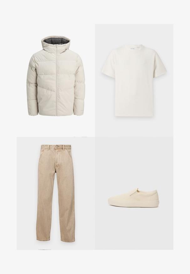 Veste matelassée de couleur beige clair avec un col montant et une fermeture éclair. Présente un design matelassé et des poignets élastiques. Tissu léger.; T-shirt blanc à manches courtes en texture côtelée. Encolure ronde, coupe décontractée, sans motifs ni accents visibles. Design simple et polyvalent.; Jeans en denim beige avec une coupe droite, dotés de poches avant, d'une fermeture à bouton en métal et d'une texture subtile.; Bottines beige à enfiler en toile avec une semelle en caoutchouc. Présentent des accents élastiques sur les côtés et une texture lisse. Design simple et arrondi.