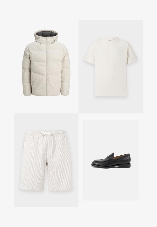 Padded jacket in light beige color with a high collar and zip closure. Features a quilted design and elastic cuffs. Lightweight fabric.; White short-sleeve T-shirt in a ribbed texture. Round neckline, relaxed fit, no visible patterns or accents. Simple and versatile design.; Light beige striped shorts with an elastic waistband and drawstring. The texture appears soft and fabric has a subtle vertical pattern.; Black leather loafers with a smooth finish, rounded toe, and decorative stitching on the vamp. Low stacked heel and slight shine.