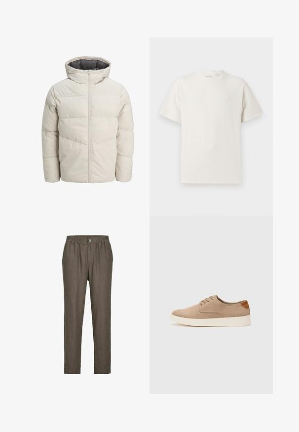 Padded jacket in light beige color with a high collar and zip closure. Features a quilted design and elastic cuffs. Lightweight fabric.; White short-sleeve T-shirt in a ribbed texture. Round neckline, relaxed fit, no visible patterns or accents. Simple and versatile design.; Jack & Jones JPSTKARL LAWRENCE - Trousers - dark brown; Beige suede sneakers with a rounded toe, lace-up front, and a textured back accent. White rubber sole provides contrast. Simple and modern design.