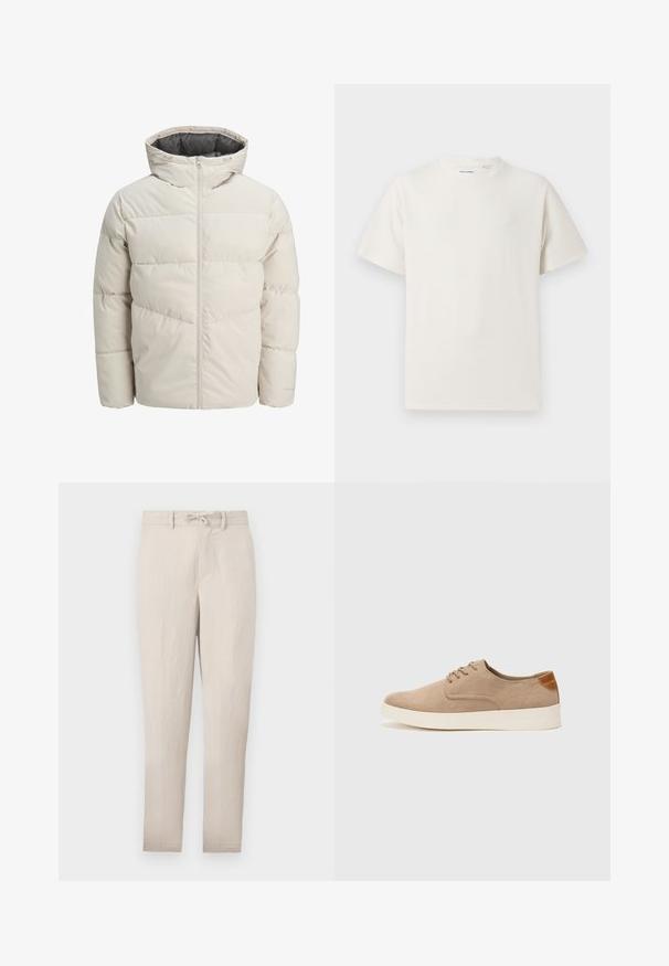 Gevoerde jas in lichtbeige kleur met een hoge kraag en ritssluiting. Heeft een gestikt design en elastische manchetten. Lichtgewicht stof.; Witte korte mouwen T-shirt met ribbelstructuur. Ronde hals, ontspannen pasvorm, geen zichtbare patronen of accenten. Eenvoudig en veelzijdig ontwerp.; Beige lichte taps toelopende broeken met een elastische tailleband, een vlakke voorkant en minimale kreukels. Voorzien van riemlussen en zijzakken.; Beige suède sneakers met een ronde neus, vetersluiting aan de voorkant en een getextureerde achteraccent. De witte rubberen zool zorgt voor contrast. Eenvoudig en modern ontwerp.