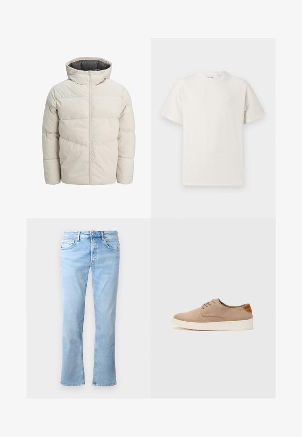 Valgebež väike paks jope kõrge kraega ja lukuga. Omab tikandit ja elastseid mansette. Kerge kangas.; Valge lühikeste varrukatega T-särk ribakudumises. Ümar kaelus, mugav lõige, nähtavad mustrid ega aksessuaarid puuduvad. Lihtne ja mitmekesine disain.; Heledad sinine teksapüksid, millel on sirge jalgade disain, viie tasku stiil ja nööbi sulgemine. Kanga tekstuur on sile ja sisaldab kulunud aktsente.; Beežid nahast tossud ümarate varvastega, paeltega esiosa ja tekstuuriga tagakontuuriga. Valge kummist tallapakkumine loob kontrasti. Lihtne ja kaasaegne disain.