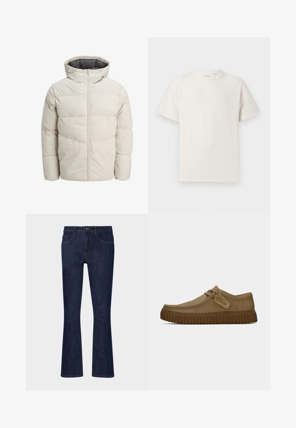 Padded jacket in light beige color with a high collar and zip closure. Features a quilted design and elastic cuffs. Lightweight fabric.; White short-sleeve T-shirt in a ribbed texture. Round neckline, relaxed fit, no visible patterns or accents. Simple and versatile design.; Dark blue denim flared jeans with a mid-rise waist, five pockets, and contrasting stitching. Smooth texture with minimal wear.; Light brown suede shoes with a rounded toe, stitched detailing, and a ribbed brown rubber sole. Features a side tag with "Clarks" logo.