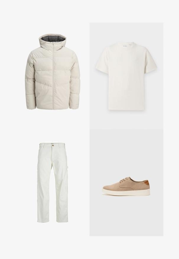 Veste matelassée de couleur beige clair avec un col montant et une fermeture éclair. Présente un design matelassé et des poignets élastiques. Tissu léger.; T-shirt blanc à manches courtes en texture côtelée. Encolure ronde, coupe décontractée, sans motifs ni accents visibles. Design simple et polyvalent.; Pantalons cargo blancs avec une coupe décontractée, fermeture par bouton à l'avant et plusieurs poches sur les côtés, fabriqués en coton durable.; Baskets en daim beige avec un embout arrondi, un laçage sur le devant et un accent texturé à l'arrière. La semelle en caoutchouc blanche offre un contraste. Design simple et moderne.