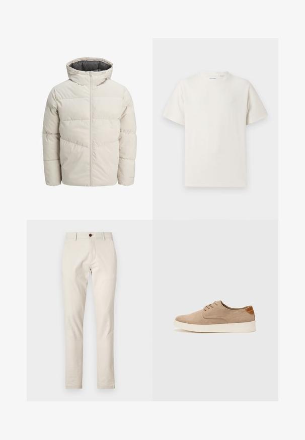 Padded jacket in light beige color with a high collar and zip closure. Features a quilted design and elastic cuffs. Lightweight fabric.; White short-sleeve T-shirt in a ribbed texture. Round neckline, relaxed fit, no visible patterns or accents. Simple and versatile design.; Beige cotton trousers with a slim fit, front pockets, and a single brown button closure at the waist. Smooth texture.; Beige suede sneakers with a rounded toe, lace-up front, and a textured back accent. White rubber sole provides contrast. Simple and modern design.