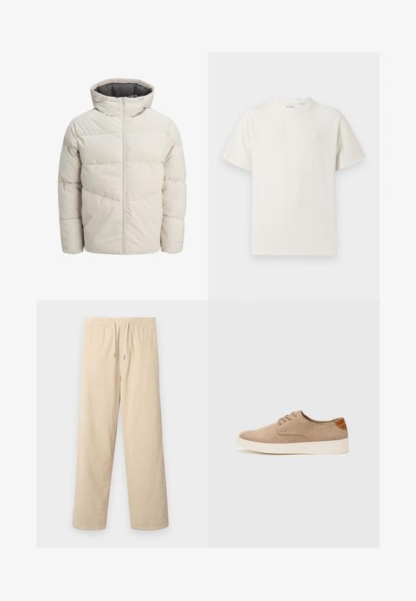 Giacca imbottita di colore beige chiaro con colletto alto e chiusura con zip. Presenta un design trapuntato e polsini elasticizzati. Tessuto leggero.; T-shirt bianca a maniche corte in texture a coste. Girocollo, vestibilità rilassata, senza modelli o accenti visibili. Design semplice e versatile.; Pantaloni in corduroy beige con vita elastica e coulisse, caratterizzati da gambe ampie e texture a coste verticali.; Sneaker in suede beige con punta arrotondata, stringhe davanti e un accento testurizzato sul retro. La suola in gomma bianca offre un contrasto. Design semplice e moderno.