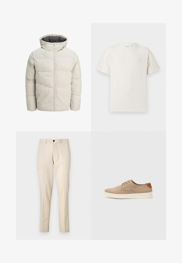 Vaatteet, joissa on vaahtomuovilla vuorattuja takkeja vaaleanbeige värissä, joissa on korkea kaulus ja vetoketjukiinnitys. Takissa on tikattu malli ja elastiset hihansuut. Kevyt kangas.; Valkoinen lyhythihainen T-paita ribbikuviossa. Pyöreä kaula-aukko, rento istuvuus, ei näkyviä kuvioita tai yksityiskohtia. Yksinkertainen ja monikäyttöinen muotoilu.; Beige mittatilaushousut, joissa on sileä pinta, etupainike sulku, litteä etuosa ja suorat lahkeet. Ei näkyviä taskuja.; Beige nubuck-lenkkarit, joissa on pyöreä kärki, nauhakiinnitys ja teksturoitu takaosa. Valkoinen kumipohja tuo kontrastia. Yksinkertainen ja moderni muotoilu.