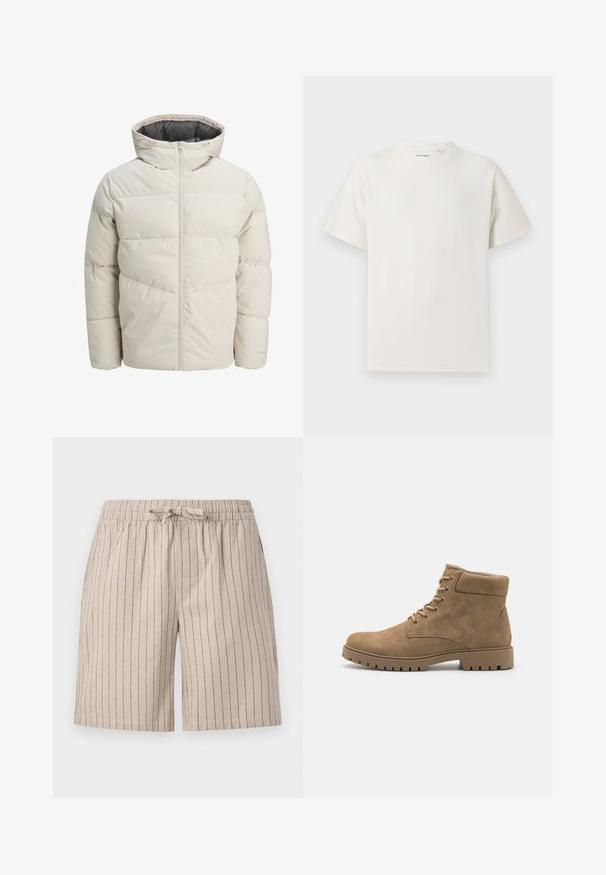 Padded jacket in light beige color with a high collar and zip closure. Features a quilted design and elastic cuffs. Lightweight fabric.; White short-sleeve T-shirt in a ribbed texture. Round neckline, relaxed fit, no visible patterns or accents. Simple and versatile design.; Beige striped shorts made of lightweight fabric. Features an elastic waistband with a drawstring and side pockets. Vertical pinstripes detail.; Tan suede ankle boots with a rounded toe, padded collar, six pairs of eyelets, and a thick rubber sole featuring ridged detailing.