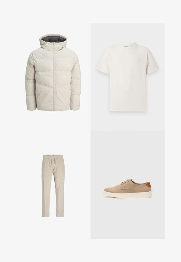 Padded jacket in light beige color with a high collar and zip closure. Features a quilted design and elastic cuffs. Lightweight fabric.; White short-sleeve T-shirt in a ribbed texture. Round neckline, relaxed fit, no visible patterns or accents. Simple and versatile design.; Beige corduroy pants with a drawstring waist, straight legs, and vertical ribbed texture. No pockets or additional embellishments.; Beige suede sneakers with a rounded toe, lace-up front, and a textured back accent. White rubber sole provides contrast. Simple and modern design.