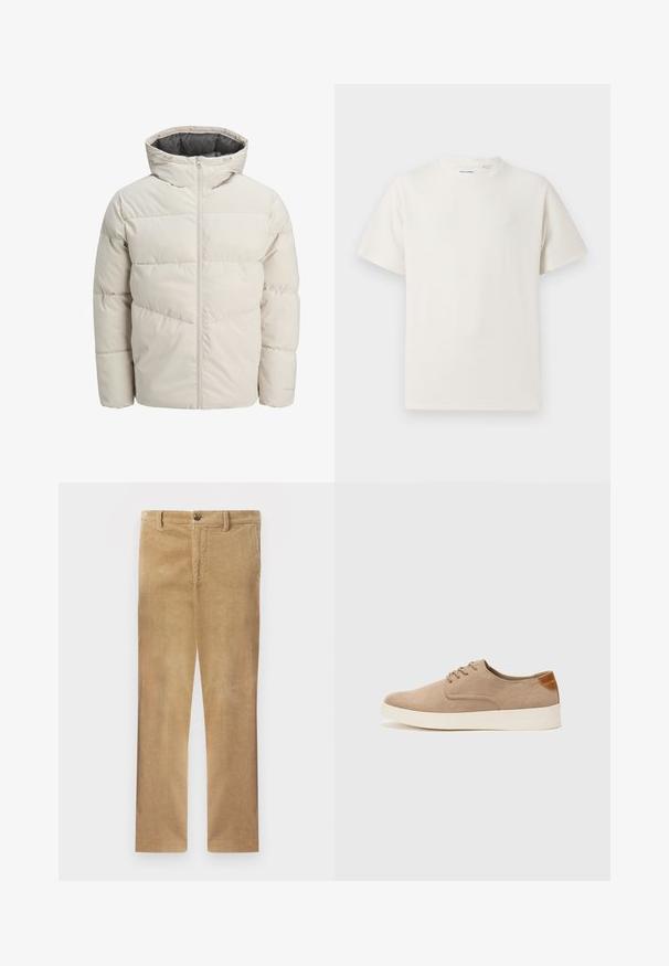 Padded jacket in light beige color with a high collar and zip closure. Features a quilted design and elastic cuffs. Lightweight fabric.; White short-sleeve T-shirt in a ribbed texture. Round neckline, relaxed fit, no visible patterns or accents. Simple and versatile design.; Khaki corduroy trousers with a straight cut, featuring subtle vertical ribbing, a button closure, and standard belt loops.; Beige suede sneakers with a rounded toe, lace-up front, and a textured back accent. White rubber sole provides contrast. Simple and modern design.