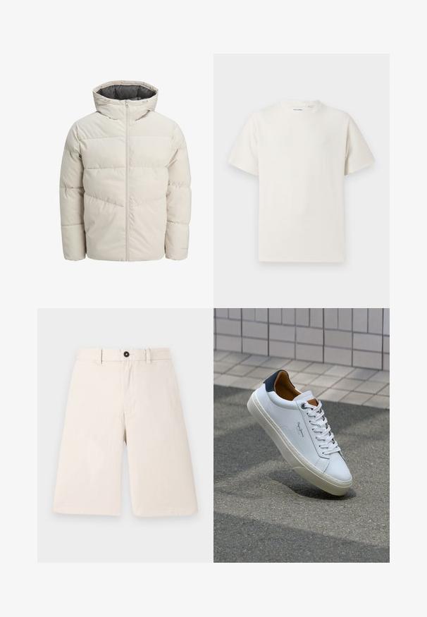 Leichte gepolsterte Jacke in hellbeige mit hohem Kragen und Reißverschluss. Verfügt über ein gestepptes Design und elastische Bündchen. Leichter Stoff.; Weißes T-Shirt mit kurzen Ärmeln in gerippter Textur. Runder Ausschnitt, lockere Passform, keine sichtbaren Muster oder Akzente. Einfaches und vielseitiges Design.; Beige Baumwollshorts mit geradem Schnitt, ausgestattet mit einem Knopfverschluss und Gürtelschlaufen. Glatte Textur ohne Muster oder Akzente.; Weiße Ledersneaker mit navyfarbenem Fersenbereich, runder Zehenpartie und kontrastierenden braunen Akzenten. Verfügt über flache Schnürsenkel und eine strukturierte Gummisohle.