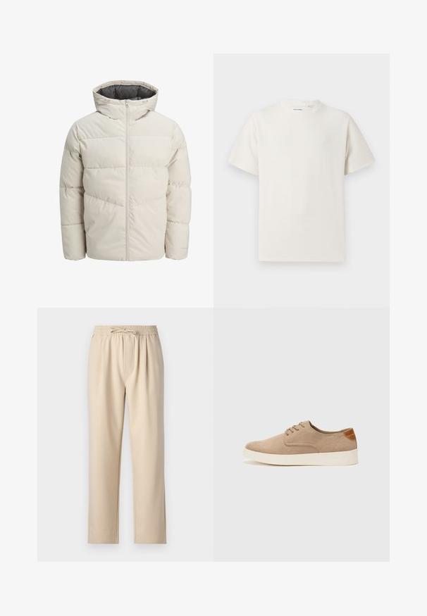 Padded jacket in light beige color with a high collar and zip closure. Features a quilted design and elastic cuffs. Lightweight fabric.; White short-sleeve T-shirt in a ribbed texture. Round neckline, relaxed fit, no visible patterns or accents. Simple and versatile design.; Beige trousers featuring an elastic waistband with drawstring, straight leg design, and soft, smooth fabric texture.; Beige suede sneakers with a rounded toe, lace-up front, and a textured back accent. White rubber sole provides contrast. Simple and modern design.