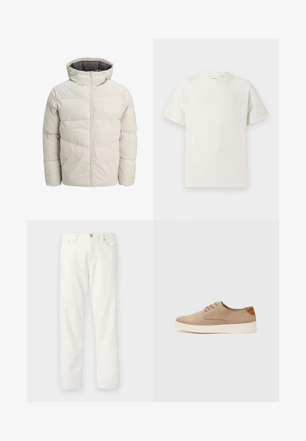 Padded jacket in light beige color with a high collar and zip closure. Features a quilted design and elastic cuffs. Lightweight fabric.; White short-sleeve T-shirt in a ribbed texture. Round neckline, relaxed fit, no visible patterns or accents. Simple and versatile design.; White denim jeans with a straight fit, five-pocket design, zip and button closure, and subtle texture. Features belt loops and contrast stitching.; Beige suede sneakers with a rounded toe, lace-up front, and a textured back accent. White rubber sole provides contrast. Simple and modern design.