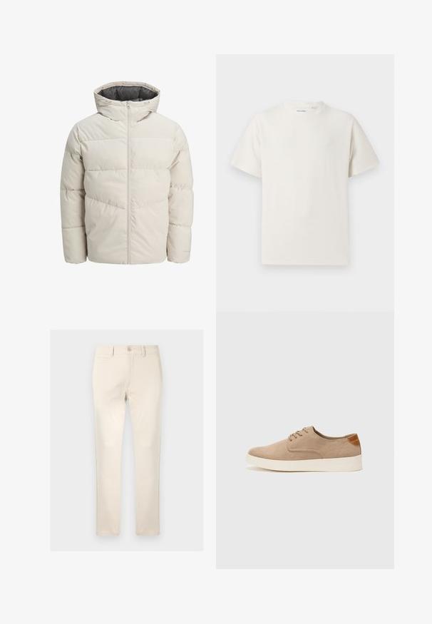Padded jacket in light beige color with a high collar and zip closure. Features a quilted design and elastic cuffs. Lightweight fabric.; White short-sleeve T-shirt in a ribbed texture. Round neckline, relaxed fit, no visible patterns or accents. Simple and versatile design.; Beige cotton trousers with a straight fit, featuring a single front pocket, button closure, and subtle stitching details.; Beige suede sneakers with a rounded toe, lace-up front, and a textured back accent. White rubber sole provides contrast. Simple and modern design.