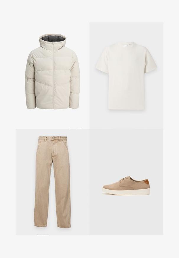 Polstret jakke i lys beige farve med høj krave og lynlås. Har et quiltet design og elastiske manchetter. Letvægtsstof.; Hvid kortærmet T-shirt i ribbet tekstur. Rund halsudskæring, løs pasform, ingen synlige mønstre eller accenter. Enkel og alsidig design.; Beige denimjeans med lige bendesign, med forlommer, metalknaplukning og subtil struktur.; Beige ruskinds sneakers med rund tå, snørebånd foran og en struktureret rygdetalje. Hvid gummisål giver kontrast. Enkel og moderne design.