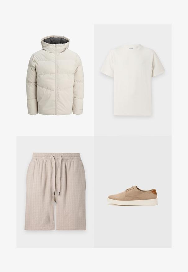 Giacca imbottita di colore beige chiaro con colletto alto e chiusura con zip. Presenta un design trapuntato e polsini elasticizzati. Tessuto leggero.; T-shirt bianca a maniche corte in texture a coste. Girocollo, vestibilità rilassata, senza modelli o accenti visibili. Design semplice e versatile.; Pantaloni corti beige, textured, con vita elastica e cordoncino. Presentano un motivo a quadri discreto e una vestibilità ampia. Nessuna tasca visibile.; Sneaker in suede beige con punta arrotondata, stringhe davanti e un accento testurizzato sul retro. La suola in gomma bianca offre un contrasto. Design semplice e moderno.