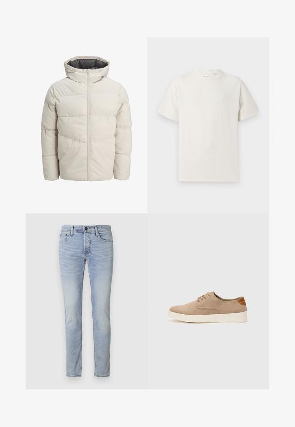 Vadderad jacka i ljusbeige färg med hög krage och dragkedjestängning. Har en quiltad design och elastiskaärmavslut. Lättviktsmaterial.; Vit t-shirt med kort ärm i ribbad struktur. Rund halsringning, löst sittande passform, inga synliga mönster eller detaljer. Enkelt och mångsidigt design.; Ljust blå denimjeans med slim fit, femficksdesign och dragkedja. Har subtila blekningar och sydda detaljer längs sömmarna.; Beige mockasinsneakers med rund tå, snörning fram och texturerad bakaxel. Vit gummisula ger kontrast. Enkelt och modernt design.