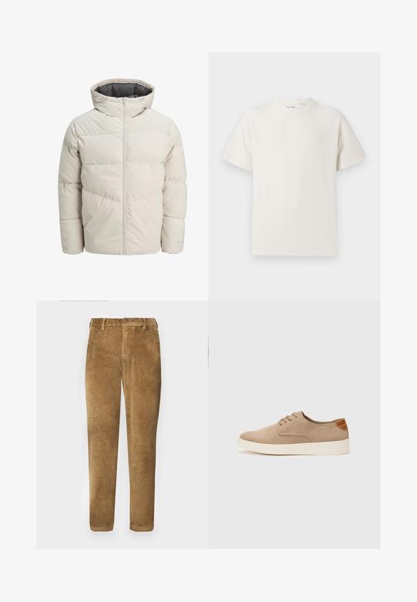 Padded jacket in light beige color with a high collar and zip closure. Features a quilted design and elastic cuffs. Lightweight fabric.; White short-sleeve T-shirt in a ribbed texture. Round neckline, relaxed fit, no visible patterns or accents. Simple and versatile design.; Brown corduroy pants with vertical ribbed texture, straight cut, button closure, and belt loops. Smooth fabric with a soft finish.; Beige suede sneakers with a rounded toe, lace-up front, and a textured back accent. White rubber sole provides contrast. Simple and modern design.