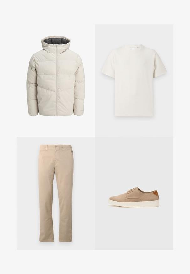 Giacca imbottita di colore beige chiaro con colletto alto e chiusura con zip. Presenta un design trapuntato e polsini elasticizzati. Tessuto leggero.; T-shirt bianca a maniche corte in texture a coste. Girocollo, vestibilità rilassata, senza modelli o accenti visibili. Design semplice e versatile.; Chinos beige in cotone, con design a gamba dritta, chiusura tradizionale con bottone e tasche laterali con cuciture pulite.; Sneaker in suede beige con punta arrotondata, stringhe davanti e un accento testurizzato sul retro. La suola in gomma bianca offre un contrasto. Design semplice e moderno.