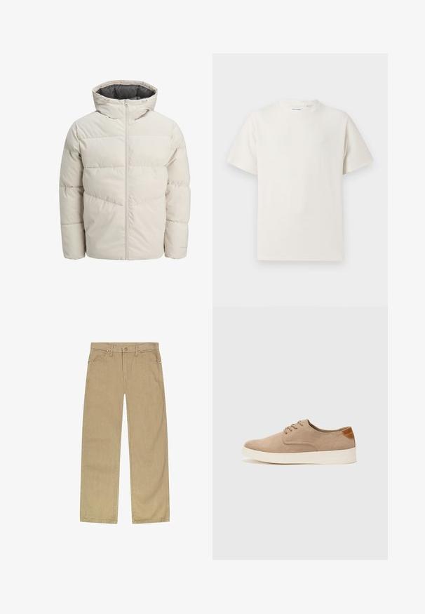 Polstret jakke i lys beige farve med høj krave og lynlås. Har et quiltet design og elastiske manchetter. Letvægtsstof.; Hvid kortærmet T-shirt i ribbet tekstur. Rund halsudskæring, løs pasform, ingen synlige mønstre eller accenter. Enkel og alsidig design.; Beige bomulds twill bukser med lige ben-design, fem lommer, front lukning med knap og messingfarvede nitter for holdbarhed.; Beige ruskinds sneakers med rund tå, snørebånd foran og en struktureret rygdetalje. Hvid gummisål giver kontrast. Enkel og moderne design.