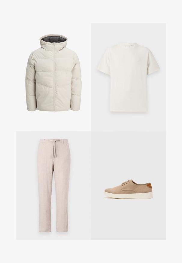 Polstret jakke i lys beige farge med høy krage og glidelås. Har en quiltet design og elastiske mansjetter. Lettvektstoff.; Hvit T-skjorte med kort erm i ribbestrikket tekstur. Rund hals, avslappet passform, ingen synlige mønstre eller detaljer. Enkelt og allsidig design.; Lys beige linbukser med en avslappet passform, rette ben og strikk i livet. Teksturert stoff med subtile vertikale striper.; Beige semskinnsko med rund tå, snøring foran og en teksturert bakre aksent. Hvit gummisåle gir kontrast. Enkelt og moderne design.