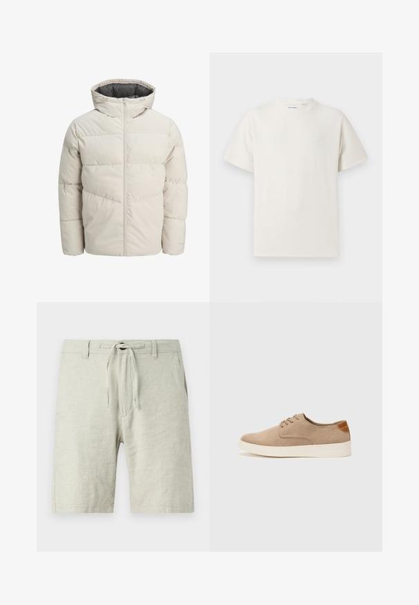 Vadderad jacka i ljusbeige färg med hög krage och dragkedjestängning. Har en quiltad design och elastiskaärmavslut. Lättviktsmaterial.; Vit t-shirt med kort ärm i ribbad struktur. Rund halsringning, löst sittande passform, inga synliga mönster eller detaljer. Enkelt och mångsidigt design.; Ljusgrå linnebyxor med resårmidja och dragsko, sidofickor och en avslappnad passform. Texturerat tyg med lätt lyster.; Beige mockasinsneakers med rund tå, snörning fram och texturerad bakaxel. Vit gummisula ger kontrast. Enkelt och modernt design.