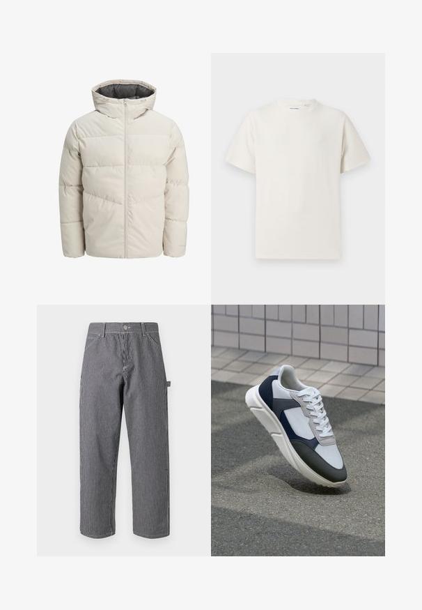 Leichte gepolsterte Jacke in hellbeige mit hohem Kragen und Reißverschluss. Verfügt über ein gestepptes Design und elastische Bündchen. Leichter Stoff.; Weißes T-Shirt mit kurzen Ärmeln in gerippter Textur. Runder Ausschnitt, lockere Passform, keine sichtbaren Muster oder Akzente. Einfaches und vielseitiges Design.; Gestreifte Hose aus Baumwollmischgewebe, mit vertikalen schwarz-weißen Streifen, Knopfverschluss und Taschen an den Seiten.; Weißer, marineblauer und grauer Sneaker mit einem Materialmix-Design, das ein strukturiertes Obermaterial, flache Schnürsenkel und eine gepolsterte Sohle aufweist.