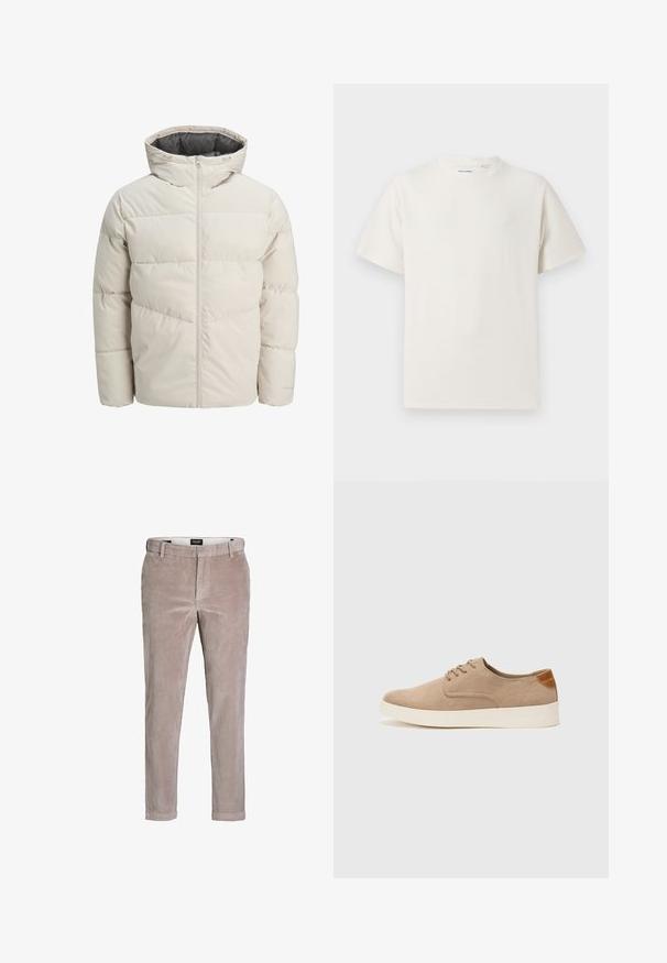 Veste matelassée de couleur beige clair avec un col montant et une fermeture éclair. Présente un design matelassé et des poignets élastiques. Tissu léger.; T-shirt blanc à manches courtes en texture côtelée. Encolure ronde, coupe décontractée, sans motifs ni accents visibles. Design simple et polyvalent.; Pantalons en velours côtelé slim fit marron clair avec fermeture à bouton et passants de ceinture, conçus pour un usage décontracté ou semi-formel.; Baskets en daim beige avec un embout arrondi, un laçage sur le devant et un accent texturé à l'arrière. La semelle en caoutchouc blanche offre un contraste. Design simple et moderne.