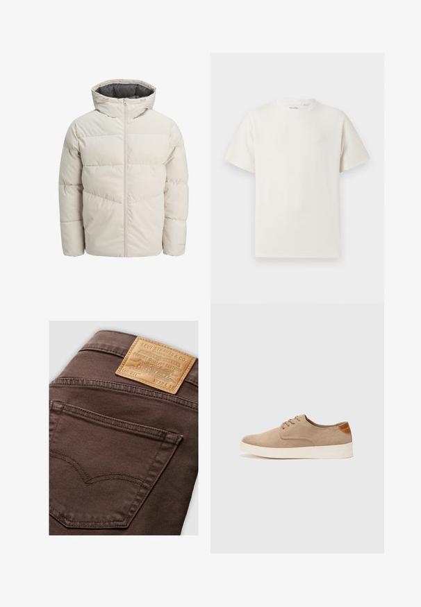 Vaatteet, joissa on vaahtomuovilla vuorattuja takkeja vaaleanbeige värissä, joissa on korkea kaulus ja vetoketjukiinnitys. Takissa on tikattu malli ja elastiset hihansuut. Kevyt kangas.; Valkoinen lyhythihainen T-paita ribbikuviossa. Pyöreä kaula-aukko, rento istuvuus, ei näkyviä kuvioita tai yksityiskohtia. Yksinkertainen ja monikäyttöinen muotoilu.; Ruskeat farkut, joissa on nahkainen etiketti, jossa on kohokuvioitu teksti, takatasku, jossa on erottuva ompelumalli, ja sileä pinta.; Beige nubuck-lenkkarit, joissa on pyöreä kärki, nauhakiinnitys ja teksturoitu takaosa. Valkoinen kumipohja tuo kontrastia. Yksinkertainen ja moderni muotoilu.