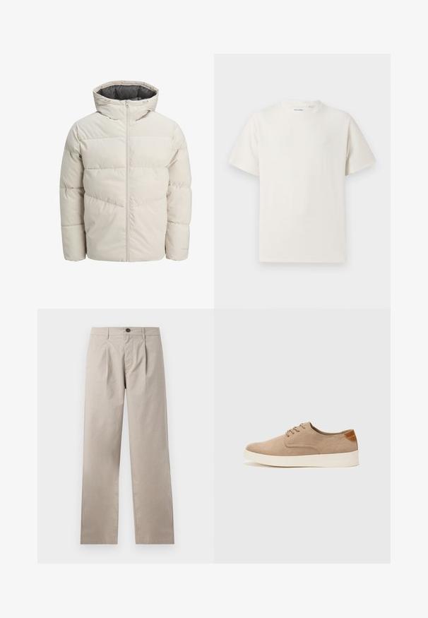 Padded striukė šviesiai bežinės spalvos su aukštu apykakliu ir užtrauktuku. Turi siuvinėtą dizainą ir elastingus rankogalius. Lengvas audinys.; Balta trumpa rankovė T-polo marškinėlių su juostelėmis tekstūra. Apvalus iškirpimas, laisvas fasonas, jokių matomų raštų ar akcentų. Paprastas ir universalus dizainas.; Šviesiai rudos spalvos kelnes su tiesiomis kojomis, turinčiomis vieną raukinį, keturis kišenes ir priekinį mygtuką, pagamintas iš lengvos medvilnės audinio.; Bežiniai zomšiniai sportbačiai su apvaliomis pirštų dalimis, raišteliais priekyje ir tekstūruotu užkulniu. Balta guma suteikia kontrastą. Paprastas ir modernus dizainas.