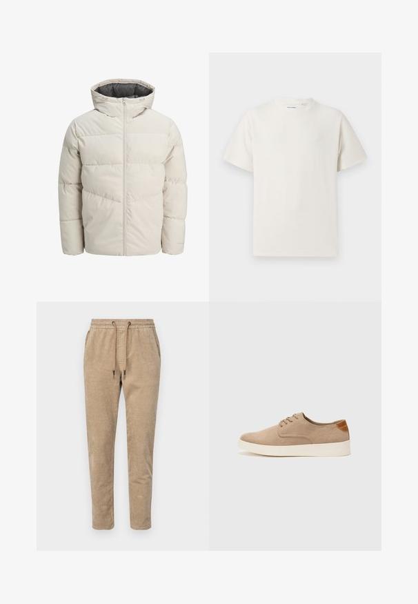 Veste matelassée de couleur beige clair avec un col montant et une fermeture éclair. Présente un design matelassé et des poignets élastiques. Tissu léger.; T-shirt blanc à manches courtes en texture côtelée. Encolure ronde, coupe décontractée, sans motifs ni accents visibles. Design simple et polyvalent.; Pantalon jogging en velours côtelé beige clair, doté d'une taille élastique avec cordons de serrage, de jambes fuselées et d'une texture côtelée.; Baskets en daim beige avec un embout arrondi, un laçage sur le devant et un accent texturé à l'arrière. La semelle en caoutchouc blanche offre un contraste. Design simple et moderne.