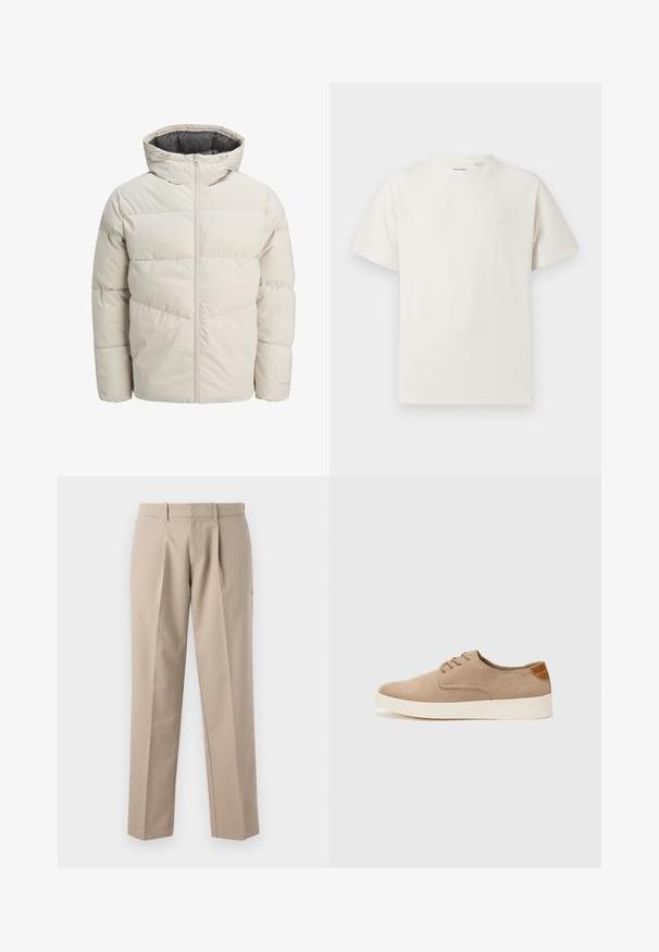 Padded jakna u svijetlosmeđoj boji s visokim ovratnikom i zatvaračem na munju. Ima kvadratni dizajn i elastične manžetne. Lagana tkanina.; Bijela kratka majica s kratkim rukavima u rebrastoj teksturi. Okrugli izrez, ležeran kroj, bez vidljivih uzoraka ili akcenta. Jednostavan i svestran dizajn.; Bež hlače ravnog kroja s prednjim nabranjima, glatke teksture i standardnim pojasom s petljama za remen.; Bež nubuk tenisice s okruglim vrhom, vezanjem sprijeda i teksturiranim stražnjim naglaskom. Bijela gumena potpetica pruža kontrast. Jednostavan i moderan dizajn.