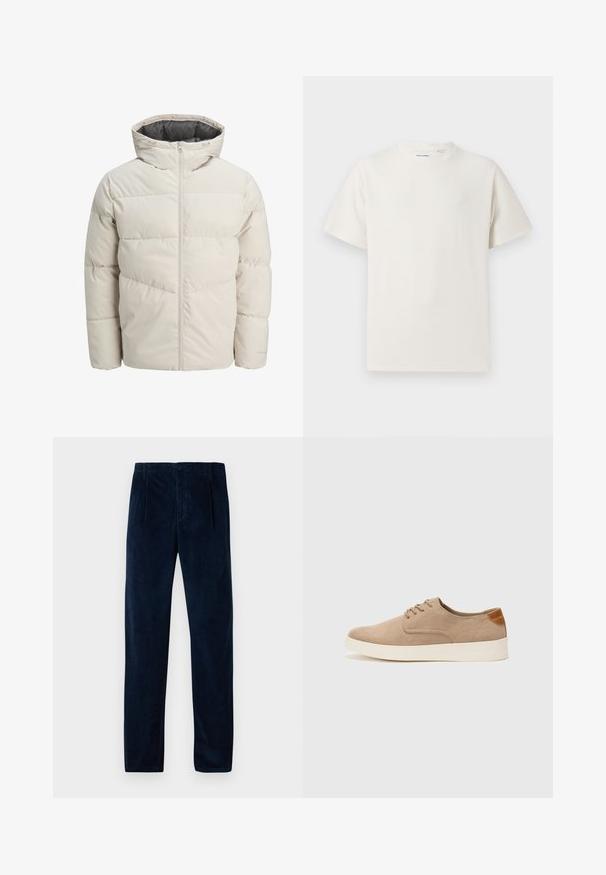 Padded jacket in light beige color with a high collar and zip closure. Features a quilted design and elastic cuffs. Lightweight fabric.; White short-sleeve T-shirt in a ribbed texture. Round neckline, relaxed fit, no visible patterns or accents. Simple and versatile design.; Navy blue corduroy trousers with front pleats, belt loops, side pockets, and a button and zipper closure, displayed flat on a white background.; Beige suede sneakers with a rounded toe, lace-up front, and a textured back accent. White rubber sole provides contrast. Simple and modern design.
