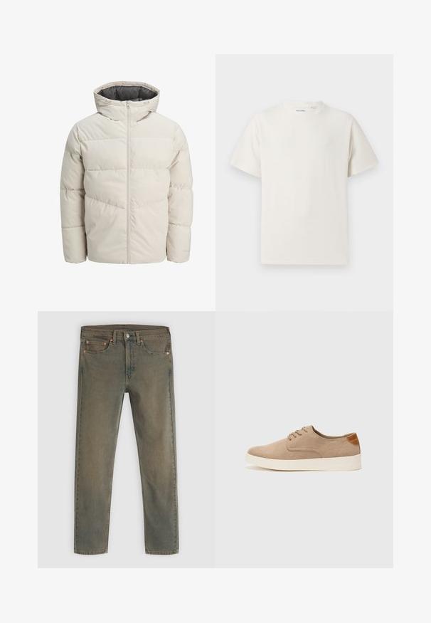 Padded jacket in light beige color with a high collar and zip closure. Features a quilted design and elastic cuffs. Lightweight fabric.; Biała krótka koszulka z krótkim rękawem o żebrowanej fakturze. Okrągły dekolt, luźny krój, brak widocznych wzorów lub akcentów. Prosty i uniwersalny design.; Ciemnozielone dżinsy z prostymi nogawkami, pięcioma kieszeniami i mosiężnymi akcentami. Wyblakła tekstura nadaje im zużyty wygląd.; Beżowe zamszowe sneakersy z okrągłym noskiem, sznurowanym przodem i teksturowanym akcentem na tyle. Biała gumowa podeszwa tworzy kontrast. Prosty i nowoczesny design.