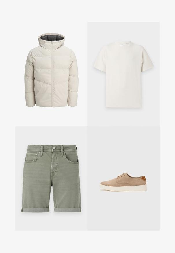 Polstret jakke i lys beige farve med høj krave og lynlås. Har et quiltet design og elastiske manchetter. Letvægtsstof.; Hvid kortærmet T-shirt i ribbet tekstur. Rund halsudskæring, løs pasform, ingen synlige mønstre eller accenter. Enkel og alsidig design.; Grønne denimshorts med oprevet kant, der har forlommer, knaplukning og en let falming for et afslappet look.; Beige ruskinds sneakers med rund tå, snørebånd foran og en struktureret rygdetalje. Hvid gummisål giver kontrast. Enkel og moderne design.