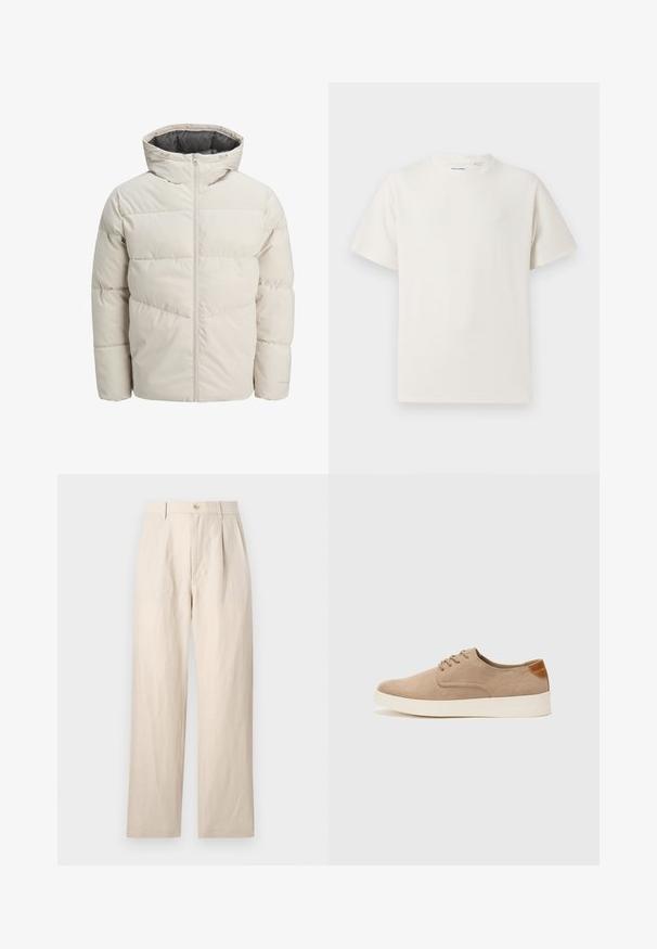 Valgebež väike paks jope kõrge kraega ja lukuga. Omab tikandit ja elastseid mansette. Kerge kangas.; Valge lühikeste varrukatega T-särk ribakudumises. Ümar kaelus, mugav lõige, nähtavad mustrid ega aksessuaarid puuduvad. Lihtne ja mitmekesine disain.; Beezid linane püksid, millel on vabalt langev lõige, lamedad eesmine osa, ühe nupu sulgemine ja kaks taskut. Kortsuline tekstuur lisab detaili.; Beežid nahast tossud ümarate varvastega, paeltega esiosa ja tekstuuriga tagakontuuriga. Valge kummist tallapakkumine loob kontrasti. Lihtne ja kaasaegne disain.