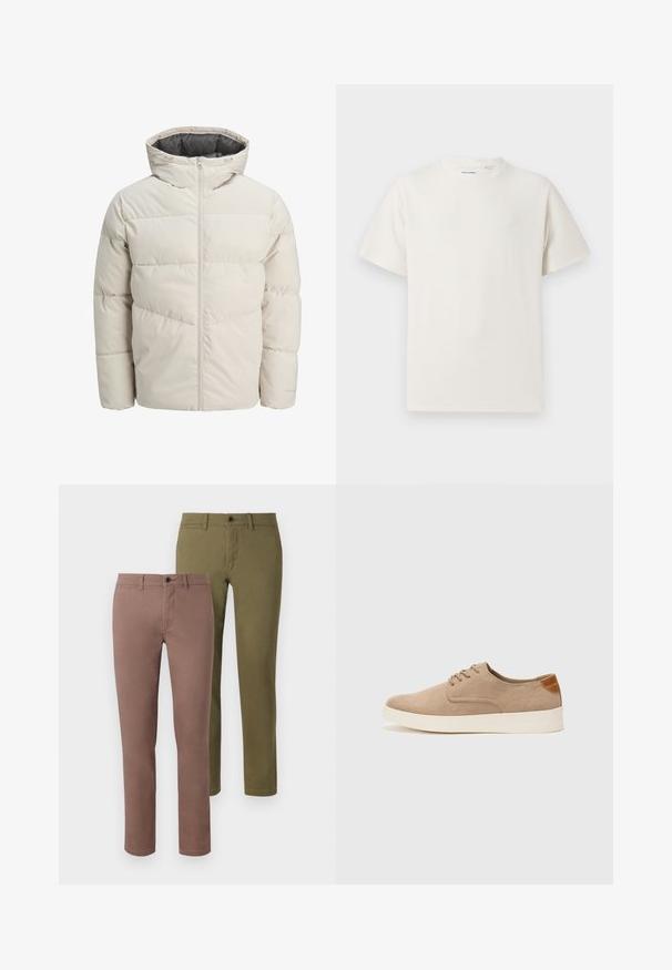 Leichte gepolsterte Jacke in hellbeige mit hohem Kragen und Reißverschluss. Verfügt über ein gestepptes Design und elastische Bündchen. Leichter Stoff.; Weißes T-Shirt mit kurzen Ärmeln in gerippter Textur. Runder Ausschnitt, lockere Passform, keine sichtbaren Muster oder Akzente. Einfaches und vielseitiges Design.; Zwei Paare von schmal geschnittenen Hosen: eine in einem gedämpften Braun und die andere in Olivgrün. Beide haben klare Linien und normale Taillenbunde mit Knöpfen.; Beige Wildleder-Sneaker mit runder Zehenpartie, Schnürung und strukturiertem Rückenteil. Die weiße Gummisohle sorgt für einen Kontrast. Einfaches und modernes Design.