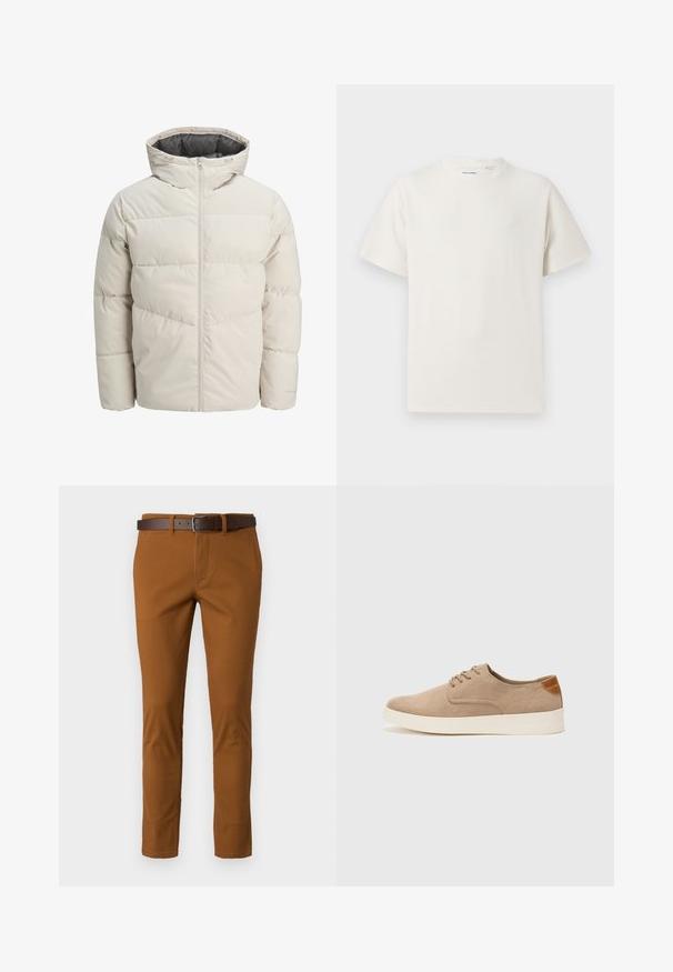 Polstret jakke i lys beige farve med høj krave og lynlås. Har et quiltet design og elastiske manchetter. Letvægtsstof.; Hvid kortærmet T-shirt i ribbet tekstur. Rund halsudskæring, løs pasform, ingen synlige mønstre eller accenter. Enkel og alsidig design.; Brune bomuldsbukser med slim fit, der har et brunt læderbælte og diskrete syninger. Glat tekstur og skræddersyet form.; Beige ruskinds sneakers med rund tå, snørebånd foran og en struktureret rygdetalje. Hvid gummisål giver kontrast. Enkel og moderne design.