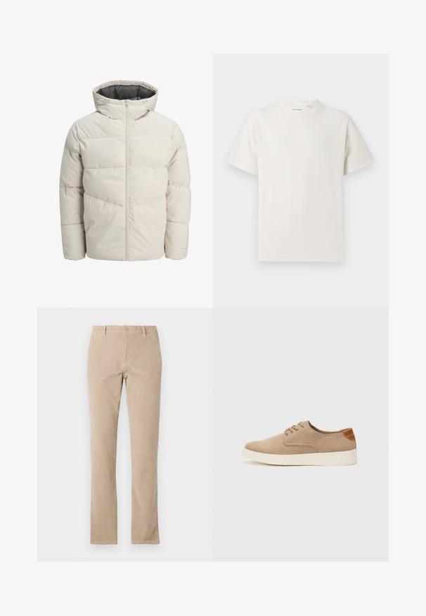 Padded jacket in light beige color with a high collar and zip closure. Features a quilted design and elastic cuffs. Lightweight fabric.; White short-sleeve T-shirt in a ribbed texture. Round neckline, relaxed fit, no visible patterns or accents. Simple and versatile design.; Beige cotton corduroy pants with a straight leg design, featuring a button closure, five pockets, and smooth texture.; Beige suede sneakers with a rounded toe, lace-up front, and a textured back accent. White rubber sole provides contrast. Simple and modern design.