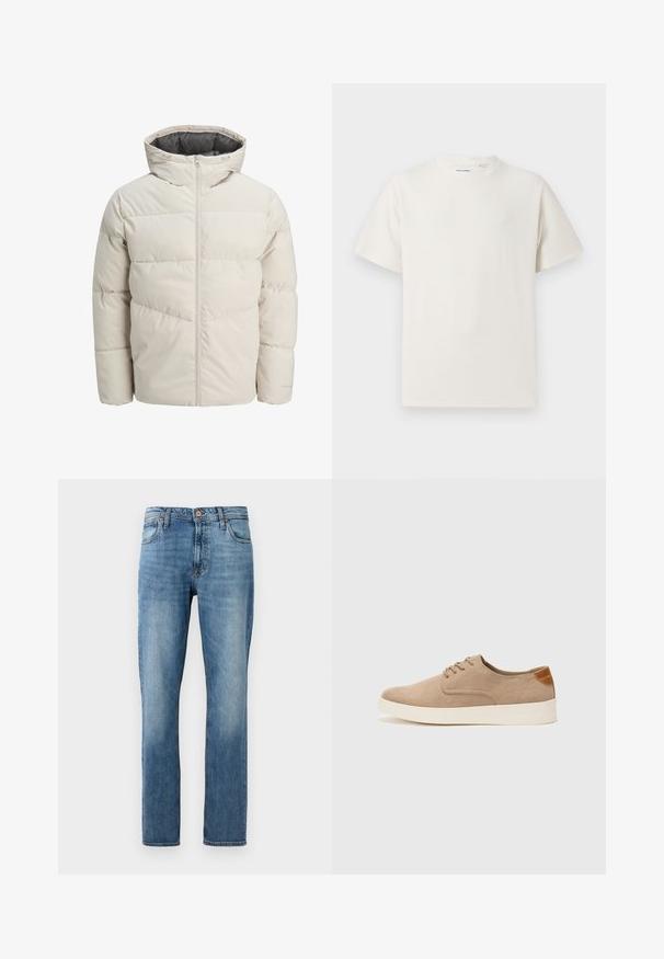 Pružná bunda svetlej béžovej farby s vysokým golierom a zipsom. Má prešívaný dizajn a elastické manžety. Ľahký materiál.; Biela krátka tričko s krátkym rukávom so žebrovanou textúrou. Okrúhly výstrih, uvoľnený strih, žiadne viditeľné vzory ani akcenty. Jednoduchý a všestranný dizajn.; Modré rovné džínsy s piatimi vreckami, so zapínaním na gombík a zips, vystavené na bielom pozadí.; Béžové semišové tenisky s okrúhlou špičkou, šnurovaním vpredu a textúrovaným zadným akcentom. Biela gumová podrážka poskytuje kontrast. Jednoduchý a moderný dizajn.