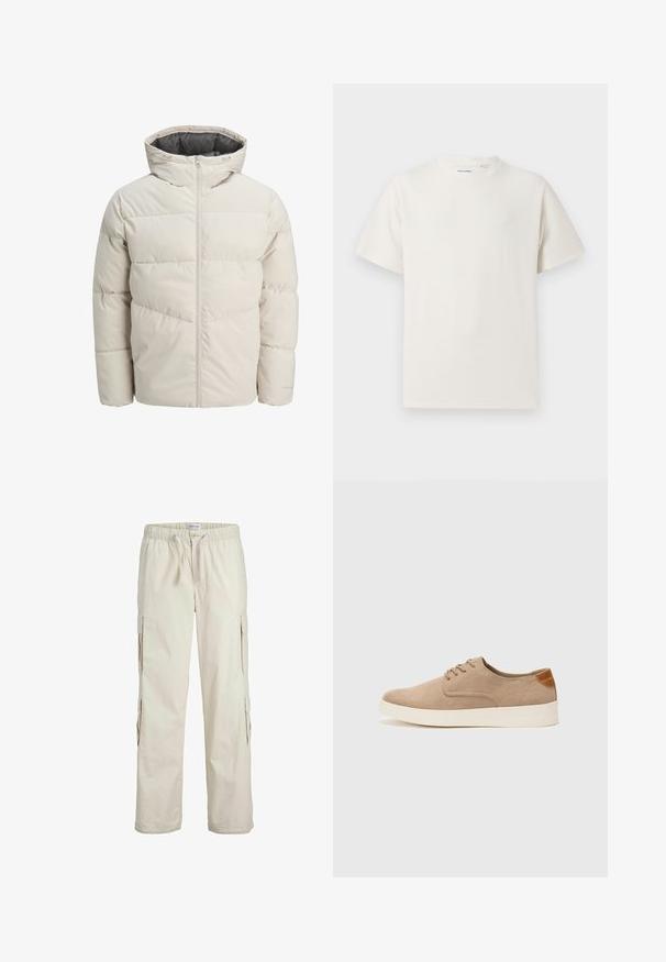 Veste matelassée de couleur beige clair avec un col montant et une fermeture éclair. Présente un design matelassé et des poignets élastiques. Tissu léger.; T-shirt blanc à manches courtes en texture côtelée. Encolure ronde, coupe décontractée, sans motifs ni accents visibles. Design simple et polyvalent.; Jack & Jones JPSTBILL TYLER - Pantalon cargo - moonbeam; Baskets en daim beige avec un embout arrondi, un laçage sur le devant et un accent texturé à l'arrière. La semelle en caoutchouc blanche offre un contraste. Design simple et moderne.