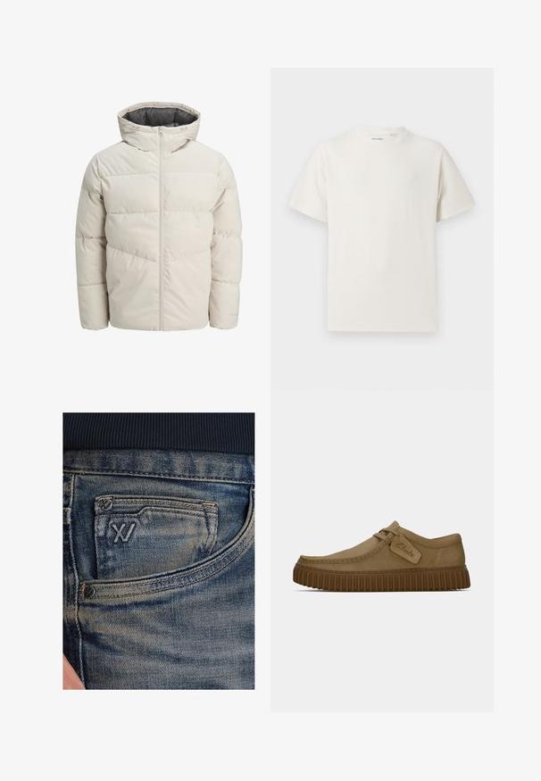 Giacca imbottita di colore beige chiaro con colletto alto e chiusura con zip. Presenta un design trapuntato e polsini elasticizzati. Tessuto leggero.; T-shirt bianca a maniche corte in texture a coste. Girocollo, vestibilità rilassata, senza modelli o accenti visibili. Design semplice e versatile.; Jeans di denim blu con una trama sbiadita, dotati di una tasca portamonete e un accento di logo nero sulla parte anteriore. La vita è in tessuto a coste blu scuro.; Scarpe in suede marrone chiaro con punta arrotondata, dettagli cuciti e suola in gomma marrone a righe. Presentano un'etichetta laterale con il logo "Clarks".