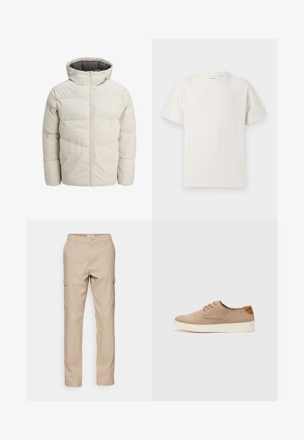 Chaqueta acolchada en color beige claro con un alto cuello y cierre de cremallera. Presenta un diseño acolchado y puños elásticos. Tejido ligero.; Camiseta blanca de manga corta en textura acanalada. Cuello redondo, corte relajado, sin patrones ni acentos visibles. Diseño simple y versátil.; Pantalones cargo beige hechos de tejido duradero, con múltiples bolsillos laterales, un ajuste clásico y piernas rectas con costuras simples.; Zapatillas de ante beige con puntera redondeada, cordones en la parte delantera y un acento texturizado en la parte trasera. La suela de goma blanca proporciona contraste. Diseño sencillo y moderno.
