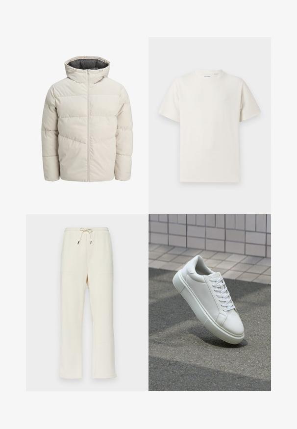 Podložena jakna v svetli bež barvi z visokim ovratnikom in zadrgo. Ima kvačkan vzorec in elastične manšete. Lahka tkanina.; Bela majica s kratkimi rokavi iz rebraste tkanine. Okrogli izrez, sproščen kroj, brez vidnih vzorcev ali naglasov. Preprosta in vsestranska zasnova.; Kremne barve rebraste trenirke z elastičnim pasom na vezanje, ki imajo dve stranski žepi in ravno krojeno nogavico.; Bela usnjena teniska obutev z gladko površino, okroglo konico in ravnimi belimi vezalkami. Ima teksturiran gumijast podplat in minimalne oblikovalske elemente.