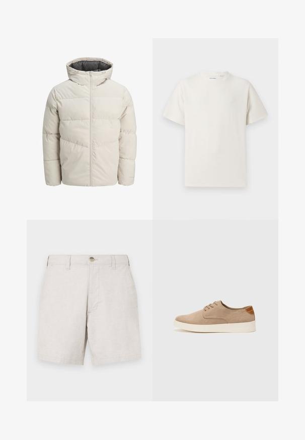 Vadderad jacka i ljusbeige färg med hög krage och dragkedjestängning. Har en quiltad design och elastiskaärmavslut. Lättviktsmaterial.; Vit t-shirt med kort ärm i ribbad struktur. Rund halsringning, löst sittande passform, inga synliga mönster eller detaljer. Enkelt och mångsidigt design.; Beige linnenbyxor med rak skärning, med framknappstängning, bältesloopar och två sidofickor. Strukturerad tyg.; Beige mockasinsneakers med rund tå, snörning fram och texturerad bakaxel. Vit gummisula ger kontrast. Enkelt och modernt design.