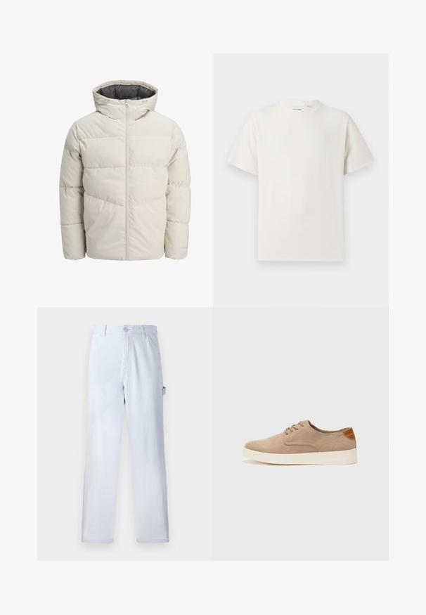 Vaatteet, joissa on vaahtomuovilla vuorattuja takkeja vaaleanbeige värissä, joissa on korkea kaulus ja vetoketjukiinnitys. Takissa on tikattu malli ja elastiset hihansuut. Kevyt kangas.; Valkoinen lyhythihainen T-paita ribbikuviossa. Pyöreä kaula-aukko, rento istuvuus, ei näkyviä kuvioita tai yksityiskohtia. Yksinkertainen ja monikäyttöinen muotoilu.; Vaaleansinisiä raidallisia housuja, jotka on valmistettu puuvillasta. Suora lahjemuotoilu, jossa on etunappi ja sivutaskut. Pehmeä pinta.; Beige nubuck-lenkkarit, joissa on pyöreä kärki, nauhakiinnitys ja teksturoitu takaosa. Valkoinen kumipohja tuo kontrastia. Yksinkertainen ja moderni muotoilu.