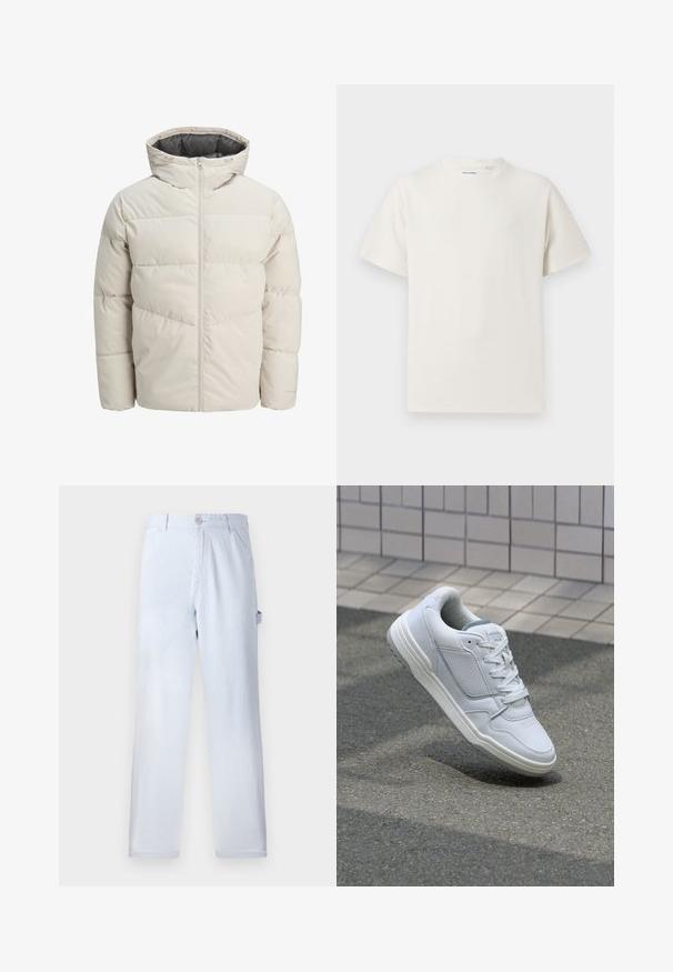 Vaatteet, joissa on vaahtomuovilla vuorattuja takkeja vaaleanbeige värissä, joissa on korkea kaulus ja vetoketjukiinnitys. Takissa on tikattu malli ja elastiset hihansuut. Kevyt kangas.; Valkoinen lyhythihainen T-paita ribbikuviossa. Pyöreä kaula-aukko, rento istuvuus, ei näkyviä kuvioita tai yksityiskohtia. Yksinkertainen ja monikäyttöinen muotoilu.; Vaaleansinisiä raidallisia housuja, jotka on valmistettu puuvillasta. Suora lahjemuotoilu, jossa on etunappi ja sivutaskut. Pehmeä pinta.; Valkoinen nahkakengät, joissa on rei'itetyt sivut, teksturoituja yksityiskohtia, tasaiset nauhat ja erottuva harmaa kanta. Varrella on hieman kohotettu pohja.